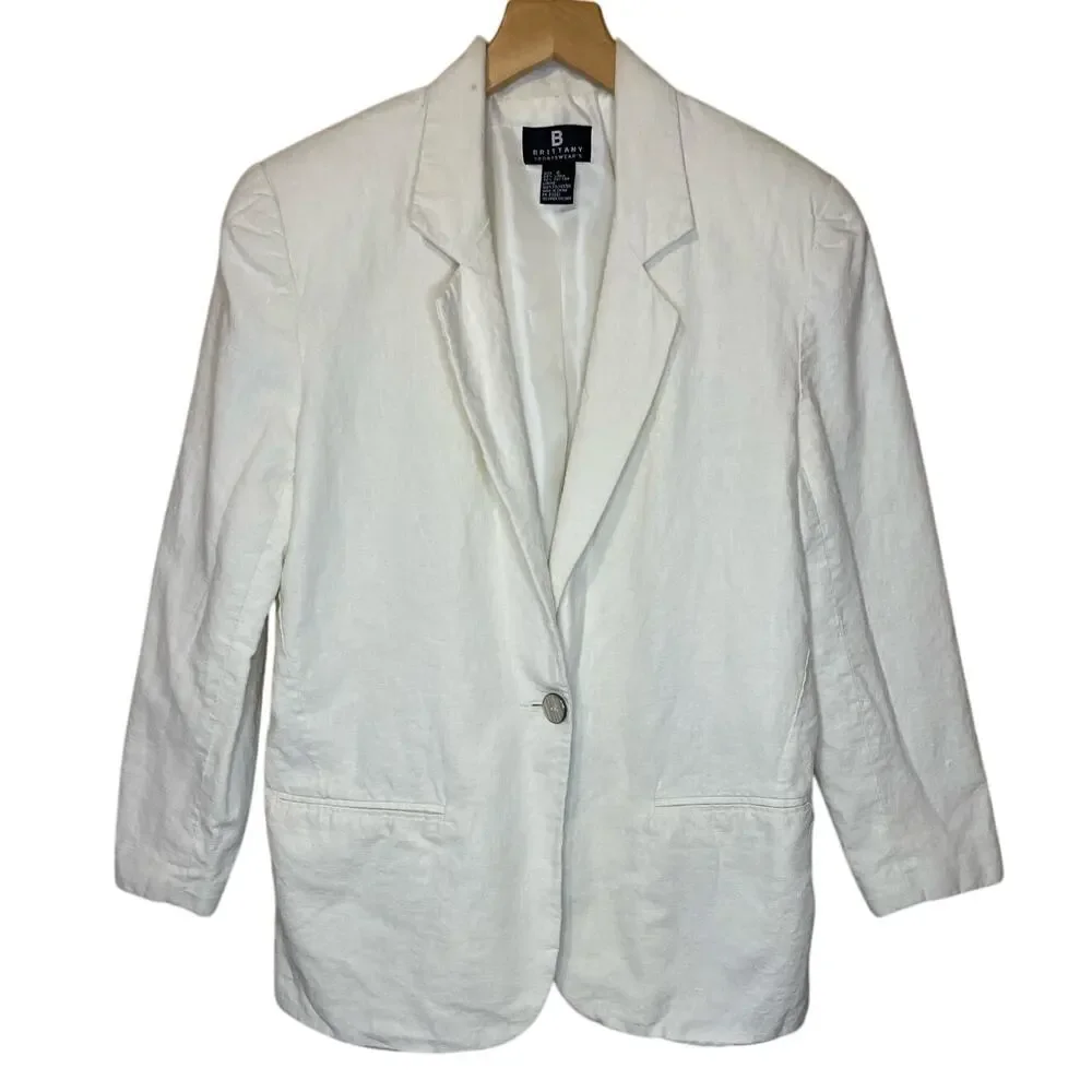 Brittany Sportswear Classic Linen Cotton Blended Cream One Button Blazer Size 6